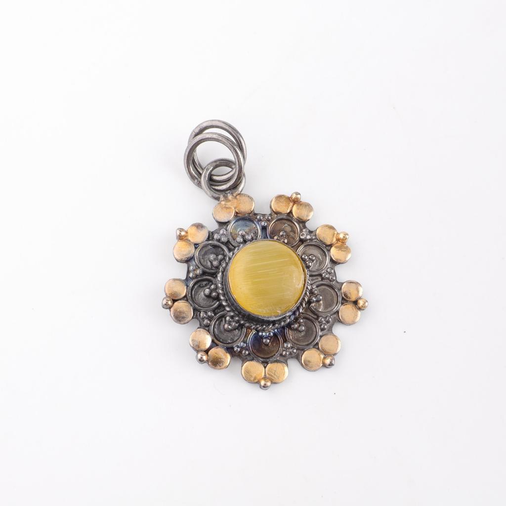 Yellow Cat's Eye Gemstone 925 Sterling Silver Jewelry Handcrafted Pendant 1.26" PP-32-42