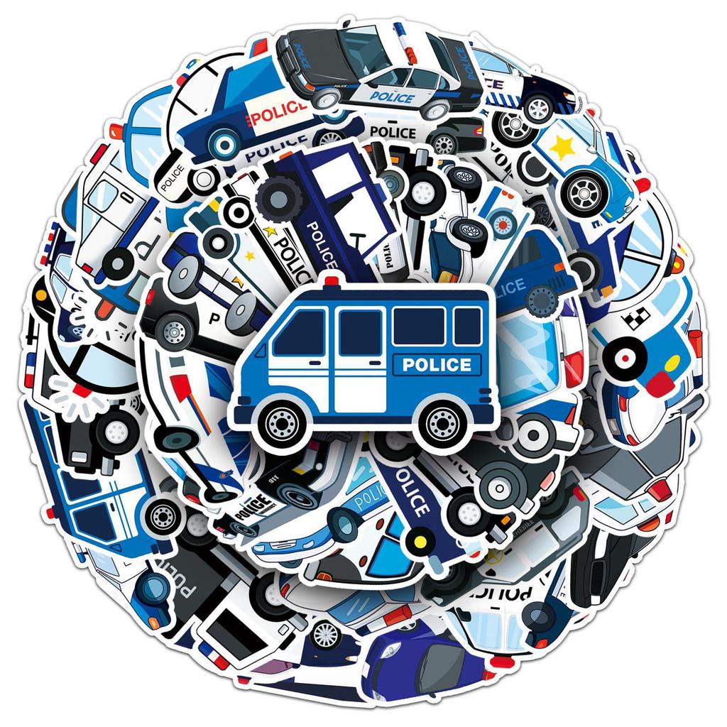 50 nálepek s policejními auty a skútry: Vodotěsná sada dekorací na cesty a notebooky