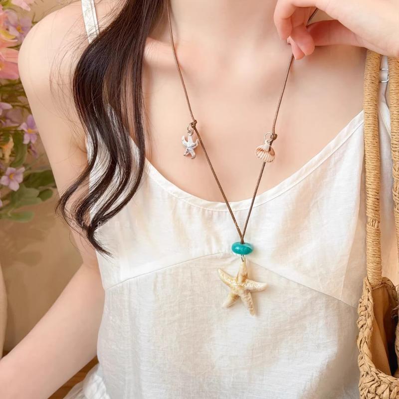 Starfish Shell Beaded Wax Rope Necklace Cute Bohemian Jewelry for Women Teen Girls Beach Vacation Wear