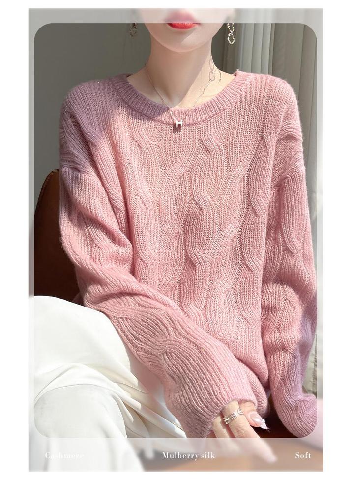 Women's Round Neck Chunky Knit Cashmere Sweater with Sequins, Long Sleeve Fashionable Top for Autumn & Winter