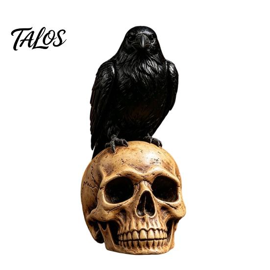 Resin Skeleton Figurine Halloween Skull Figurine, Realistic Human Head Statue, Creepy Gothic Accents Crow on Sculpture for Home Tabletop Mantel Decor