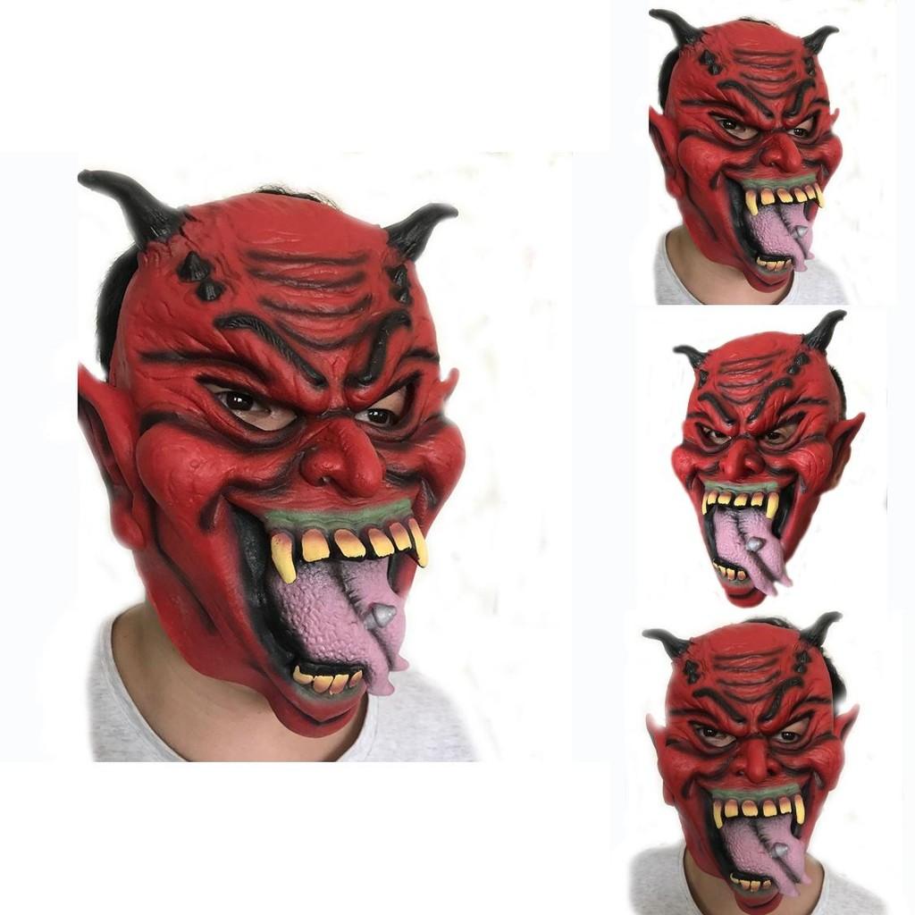 Exquisite Red Horned Mask With Long Tongue And Spikes Ideal For Halloween Celebrations