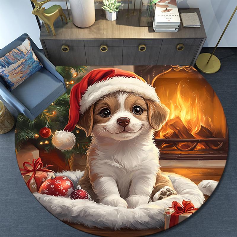 Santa Hat Puppy Round Area Rug,Carpet Rug for Living Room Bedroom Sofa Playroom Decor,Non-slip Floor Mat