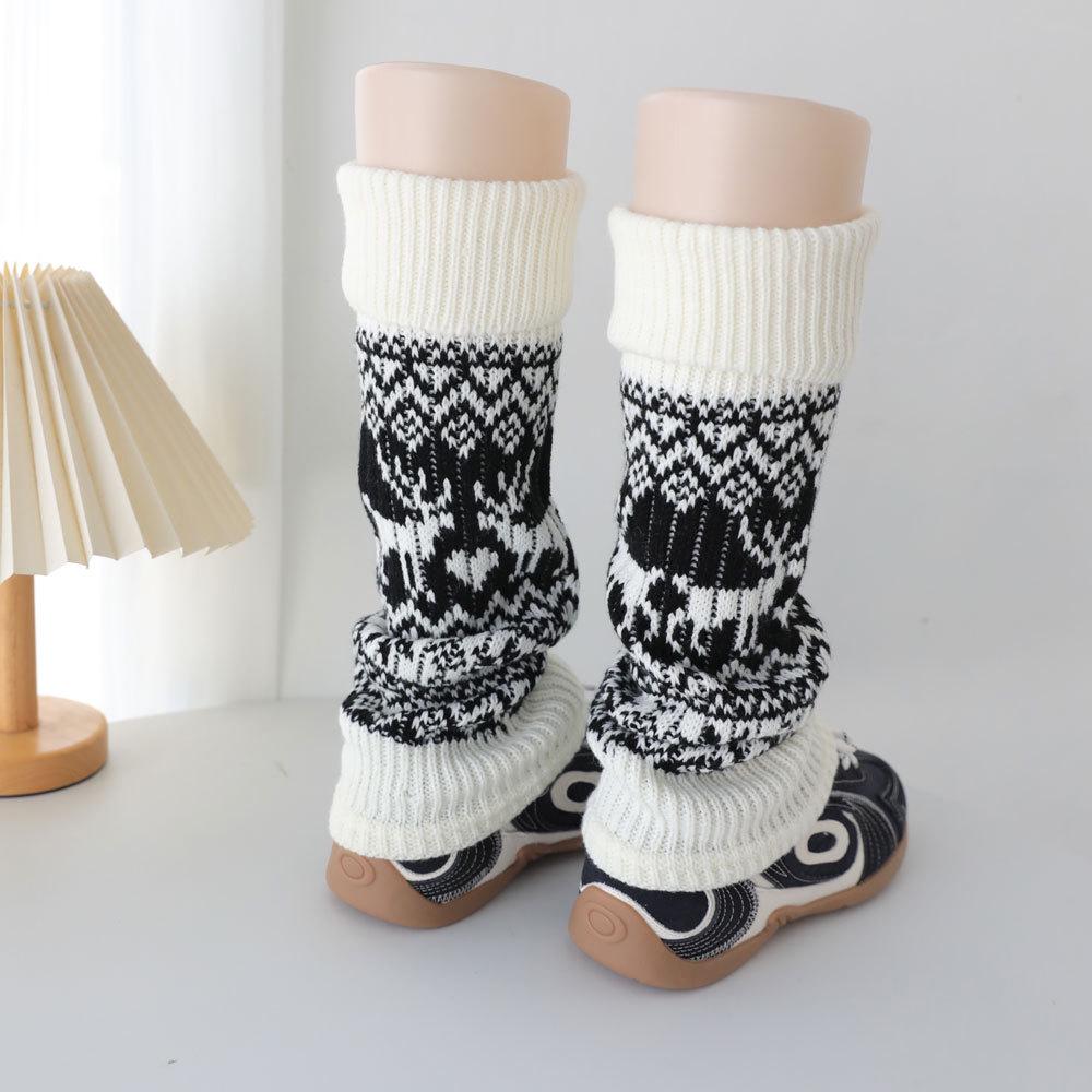 Fair Isle Vintage Knit Reindeer Leg Warmers - Grey, Cream, & White Women's Calf Socks