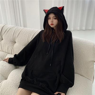 Femmes Automne Hiver Sweat À Capuche Dessin Animé Oreille De Chat À Capuche Cordon Épais Pull Lâche Couleur Unie Manchette Élastique Mi Longueur Chaud Dame À Capuche