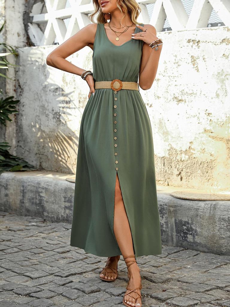 Casual Sleeveless Summer Vacation Dress with Belt and Slit - 2025 European & American Style