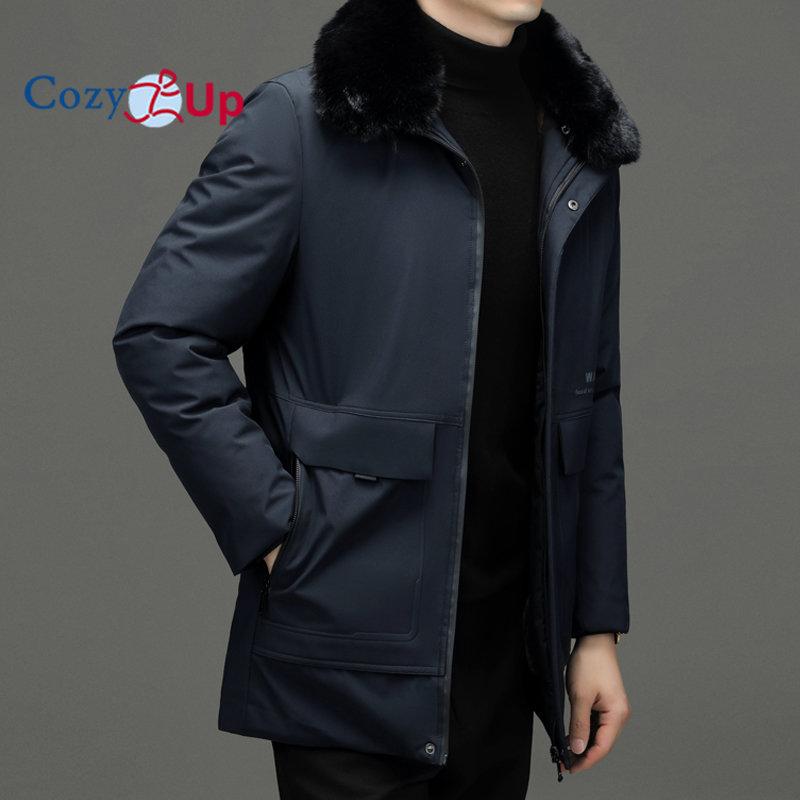 Cozy Up Parka caldă pentru bărbați de iarnă, haină groasă, guler mare de blană, culoare solidă, jachetă pentru bărbați, ocazional, subțire, buzunare mari