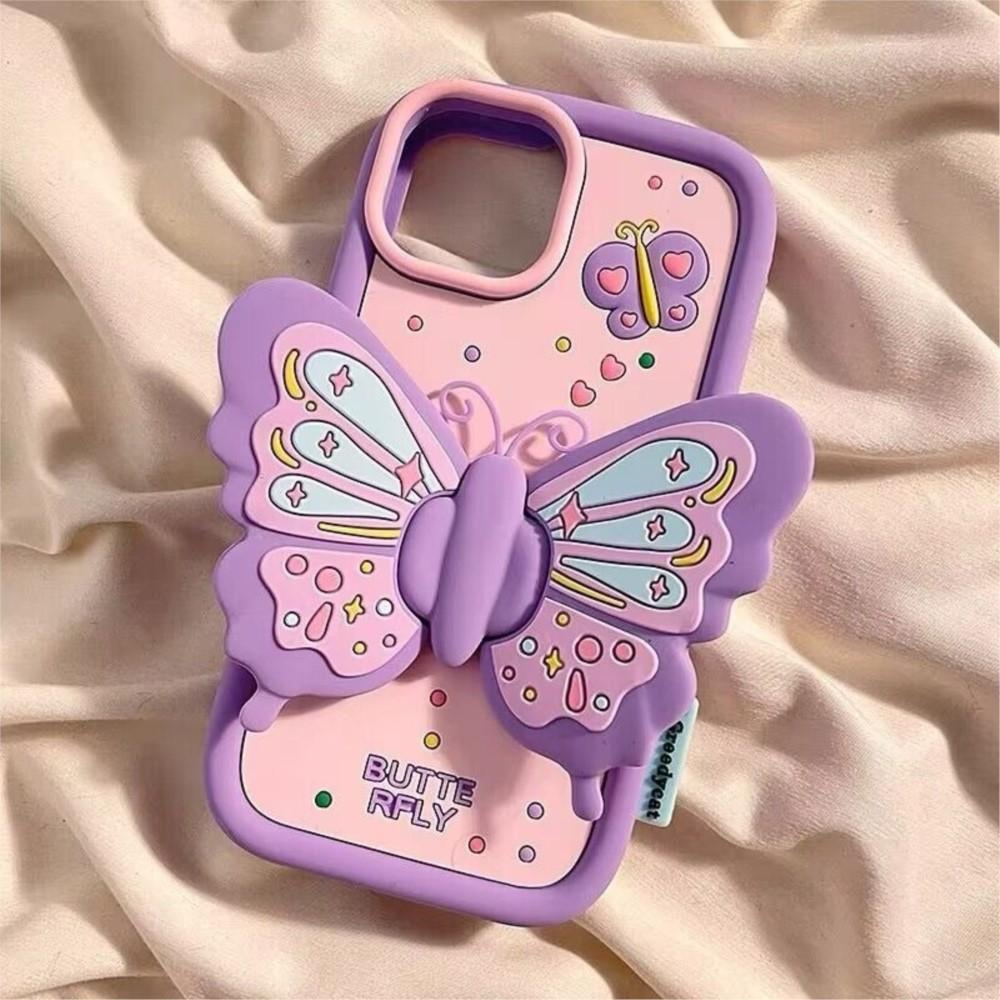 

3D Butterfly Folding Bracket Phone Case For iPhone 16 15 13 14 11 12 Pro Max XR XS Max 6 7 8 Plus Soft Silicone Shockproof Cover iPhone 16 Pro Max фіолетовий