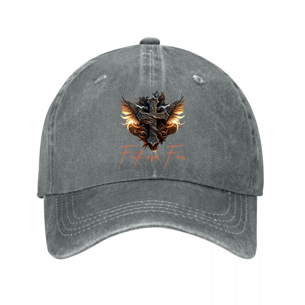 Metal Cross Eagle Wings Faith Over Fear Wall Decor Washed Baseball Cap Outdoor For Womens Unisex FeUnisex