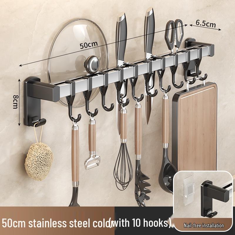 Black Traceless Adhesive Kitchen Storage Rack: Punch-Free Wall-Mounted Pot Lid, Knife Holder, Multi-Functional Hooks