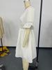 European & American Women's Summer V-neck Solid Color Dress with Patchwork Lace & Waist-cinching Design