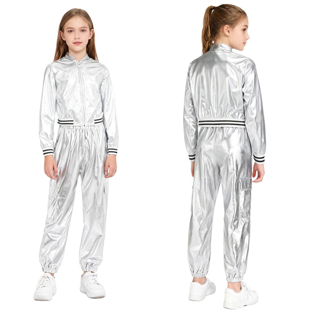 Kids Girls Hip-Hop Jazz Dance Costume Complete Set: Metallic Zipper Jacket & Pants, Stand Collar Long Sleeve Stage Outfit