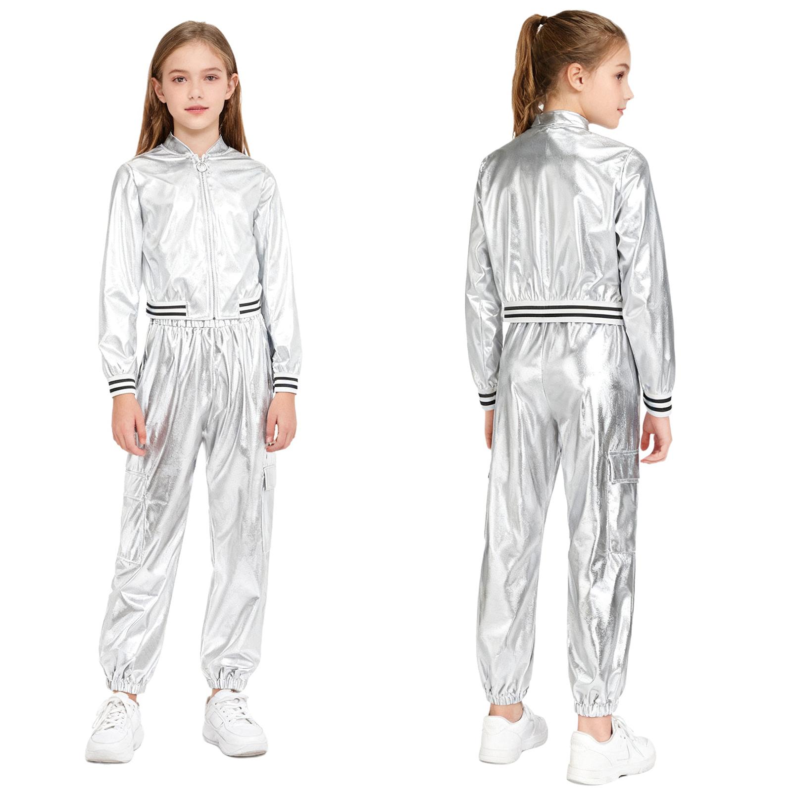 

Easy Wear Dance Costume for Kids Girls: Zipper Front Metallic Jacket & Pants Set, Stand Collar Long Sleeve for Practice & Show 5-6 Years срібний