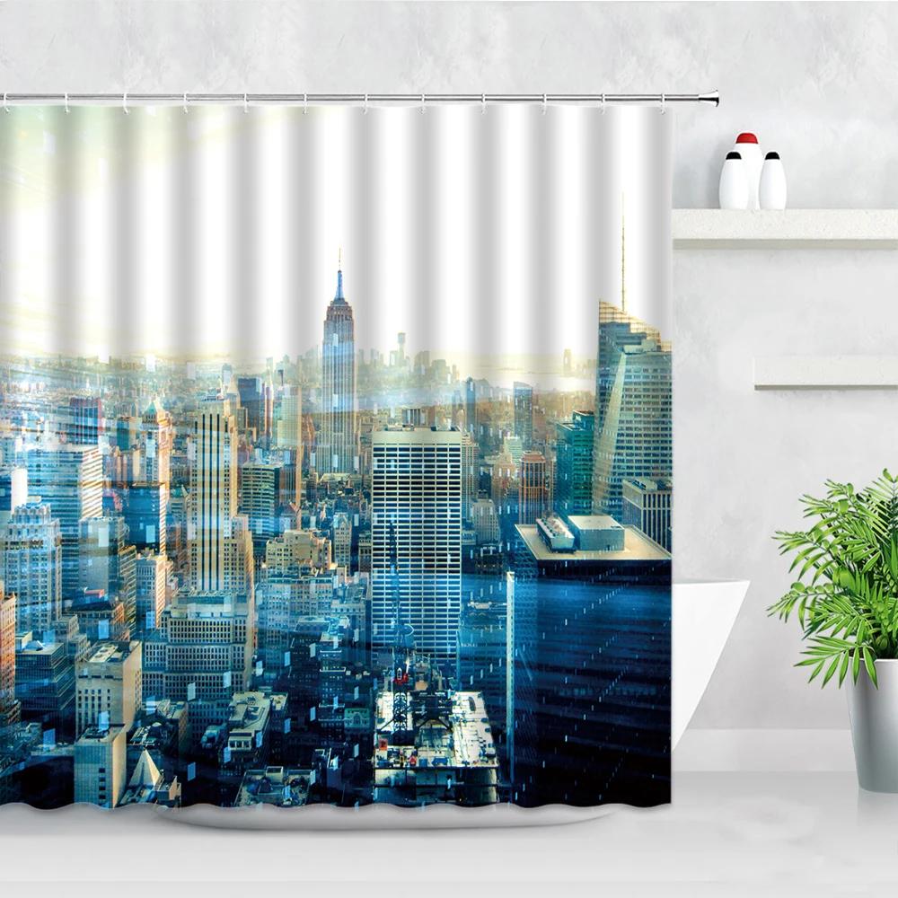Black White New York City Scenery Shower Curtains Set 3D Building Home Wall Backdrop Decor Nordic Polyester Bathroom Bath Screen
