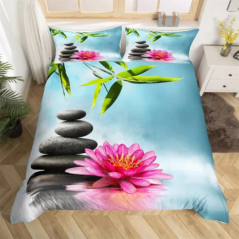 Meditation Duvet Cover Nature Green Bamboo Lotus Flower Bedding Set Circle Geometric Bedspread Cover Zen Spiritual Quilt Cover