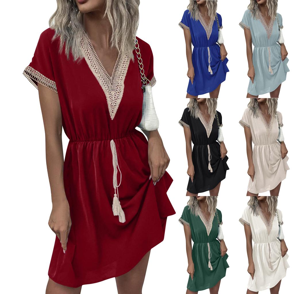 Women's V-neck Lace Trimmed Waist Cinching Short Sleeved Dress
