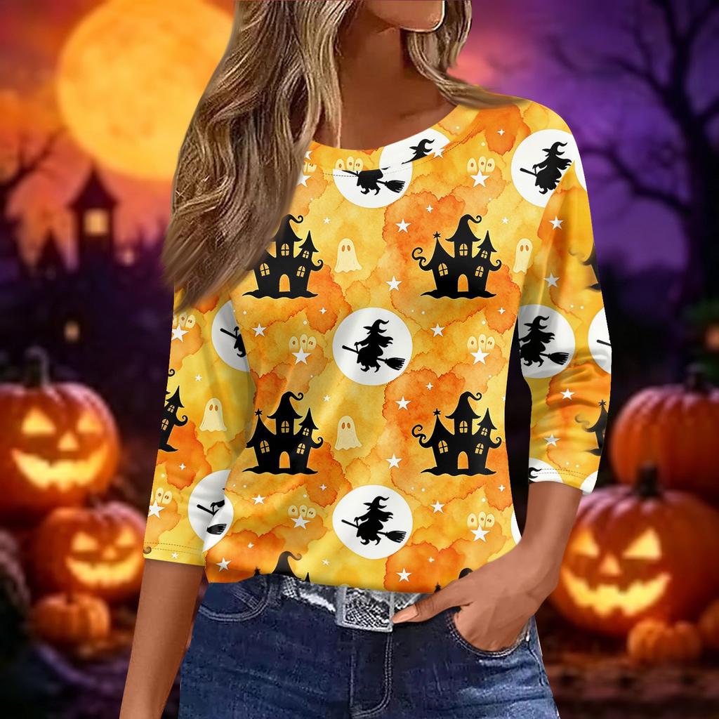 Women's Halloween Print 3/4 Sleeve Loose Fit Casual Round Neck Shirt Pumpkin Candy Pattern Top for Fall Seasonal Wear