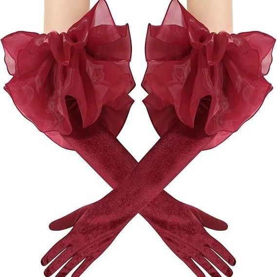 Long Velvet Gloves with Organza Ruffle Cuff, Elbow-Length Formal Gloves for Wedding/Party/Ball