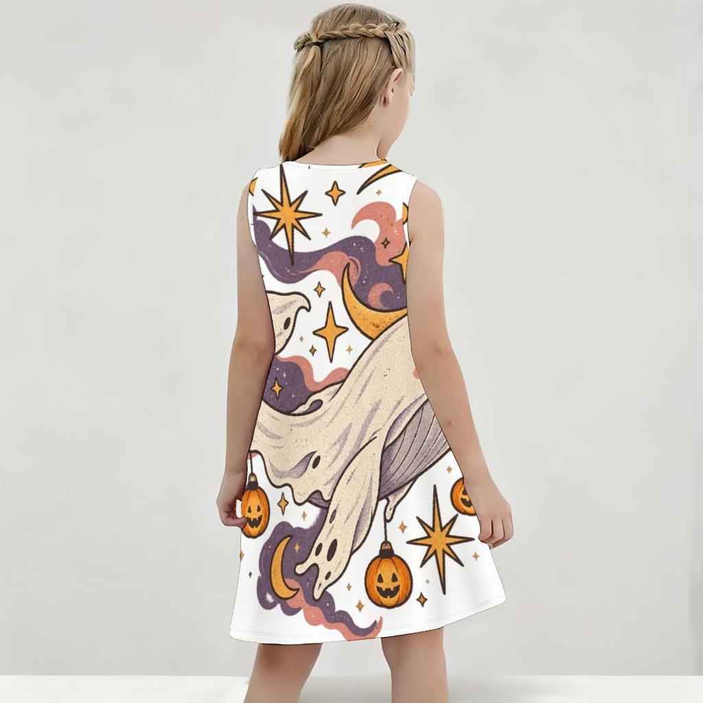 Little Girls Round Neck Sleeveless A Line Flared Dress Halloween Cartoon Lamb Printed