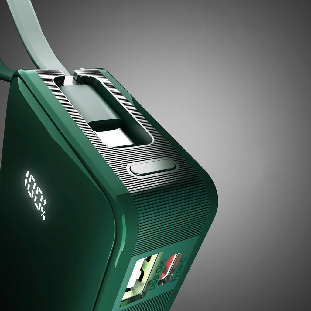 Powerbank 10000mAh USB-A USB-C with built-in display and 20W USB-C cable - green