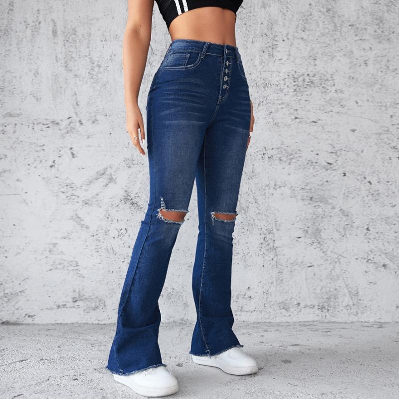 Spring and Summer New Ebaywish Slim-fitting High-waisted High-elastic Ripped Denim Trousers for Women