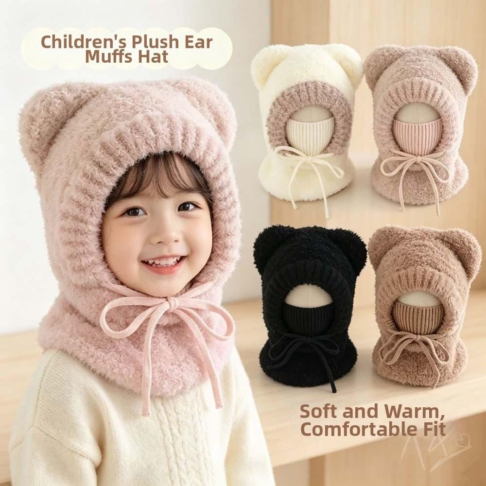 Fluffy Hooded Scarf Hat Knitted Neck Warmer Hat Dog Ear Cap Kids Winter Beanie  Skiing