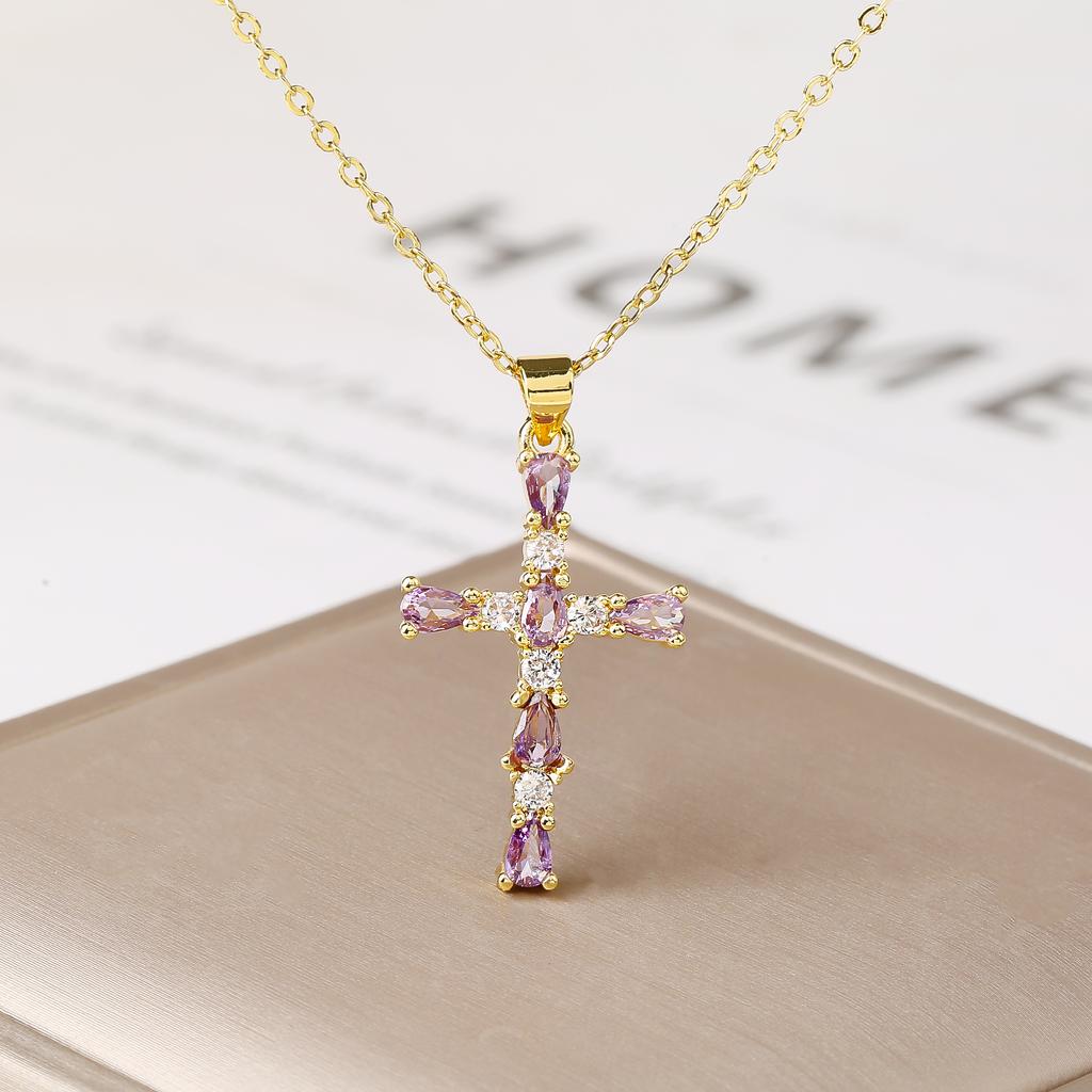 Shiny Rhinestones Cross Necklace Colorful Cubic Zirconia Pendant Christian Religious Zircon for Women Fashion Choker Gift