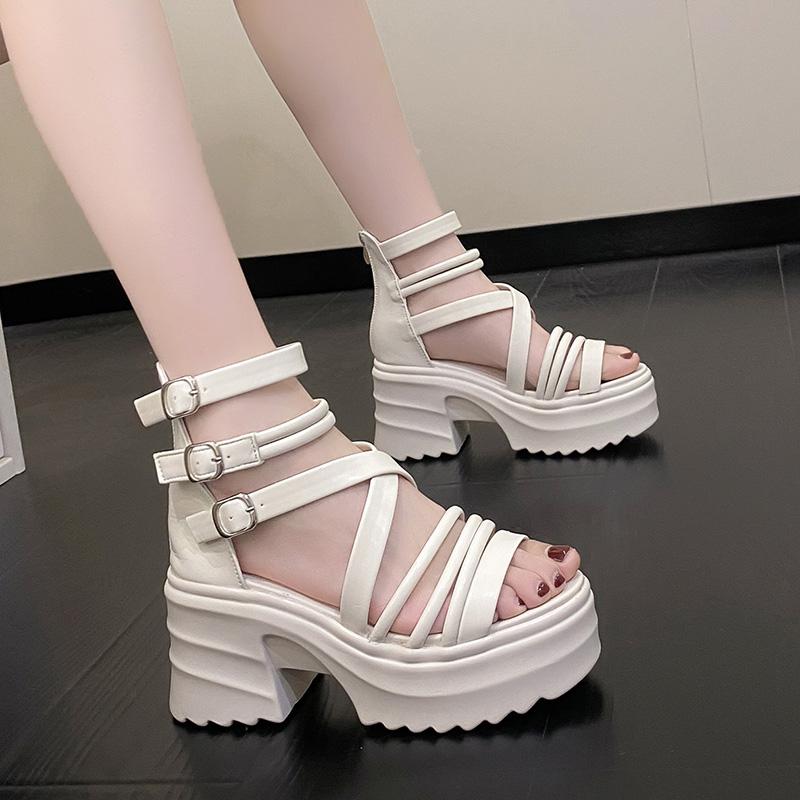 Fashion 9CM Women Leisure Chunky Platform Sandals Peep Toe High Heels Gladiator Goth Slippers Woman Trendy Summer Lace Beach Sandals