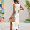 Women Plus Size Sleeveless U Neck Abstract Printed Midi Dress High Side Slit Curved Hem