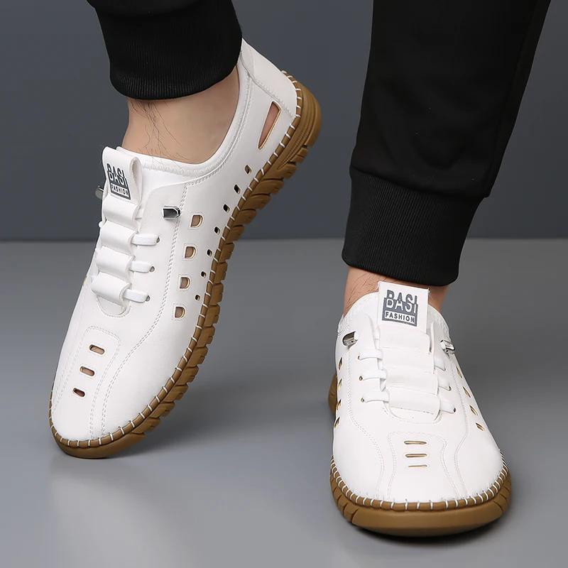 Fashion Summer New Men Slippers Hollow Out Shoes Cow Leather Soft Sole Sandals Outdoor Trekking Sandals Comfortable Beach Leather Shoes