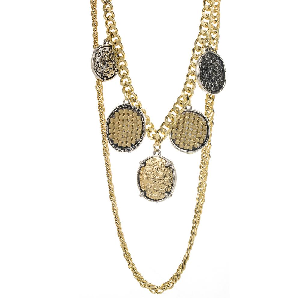 Personality Trend ZA Multi-layer Thick Chain Stacked Necklace Retro Geometric Two-color Alloy Badge Collarbone Chain