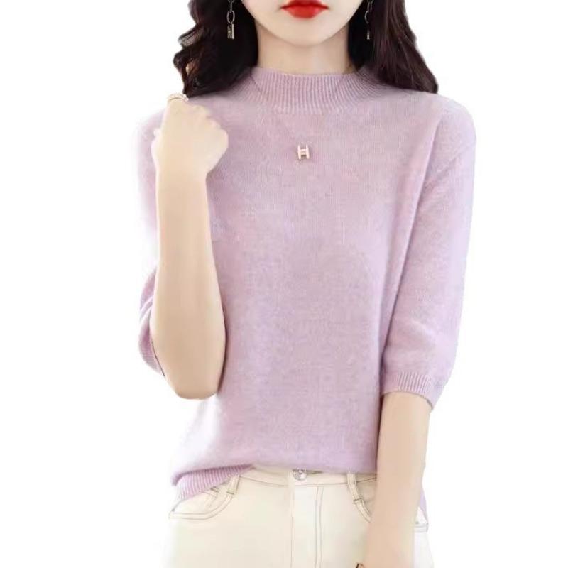 Pulover Tricotat pentru Femei Gât Rotund Mânecă Medie Pulover Tricotat Ediție Coreeană Top Interior de Fund