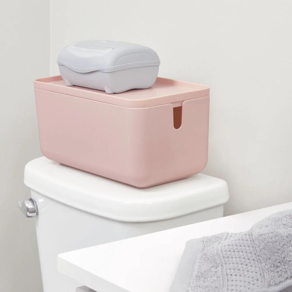 Stackable Toilet Paper Storage Bin with Lid Non-Skid Feet Slim Design Modular Organizer Bathroom Cleaning Wipes Holder Durable