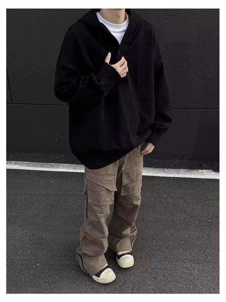 Men's American Retro Hooded Thick Knit Sweater Winter Sweatshirt Coat