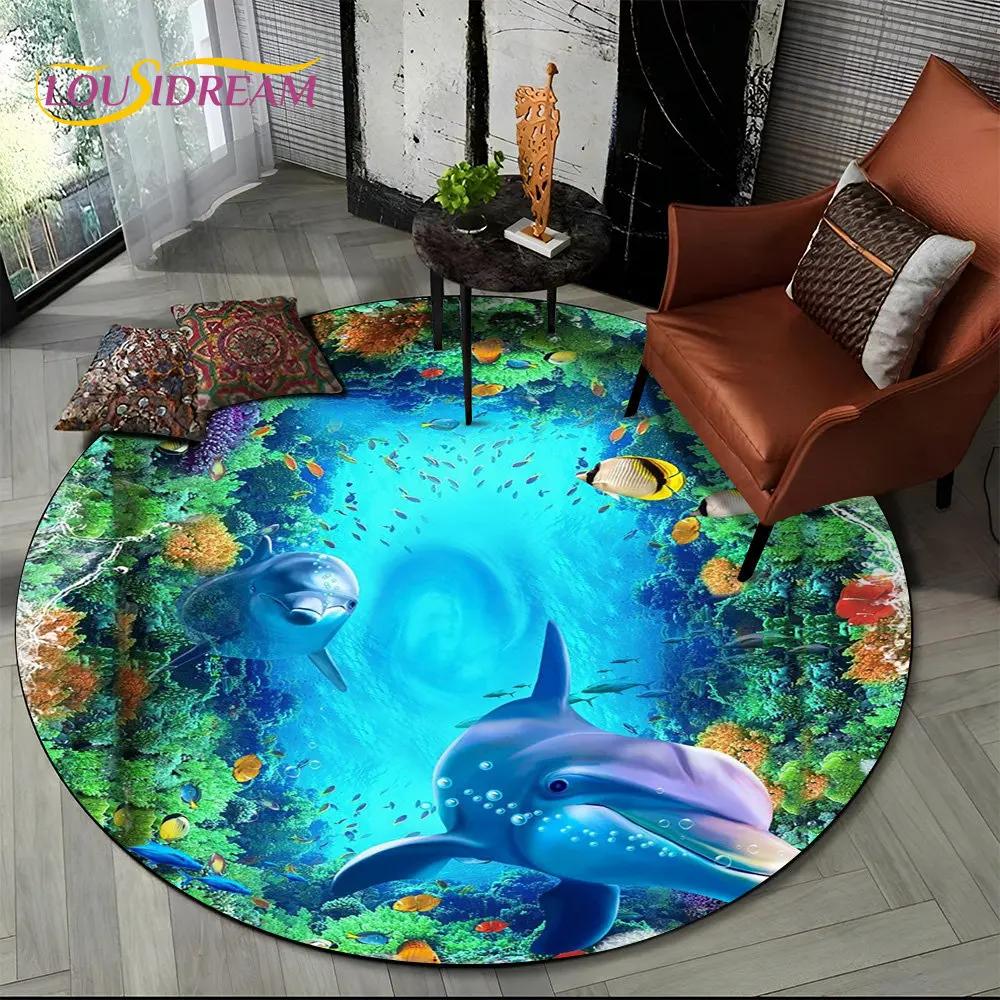 3D Seabed Illusion Underwater World Dolphin Round Area Rug,Carpet for Living Room Bedroom Sofa Playroom Decor,Non-slip Floor Mat