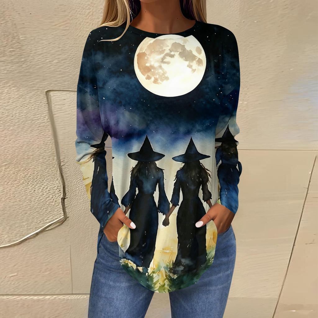 Women's Loose Fit Round Neck Long Sleeve Halloween Printed T-Shirt Vintage Irregular Hem Pullover
