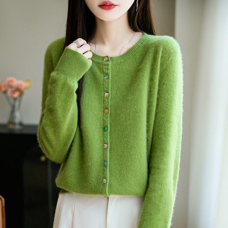 Women's Luxury Pure Wool Cardigan - Thick, Round Neck, Crystal Buttons, Autumn/Winter Style
