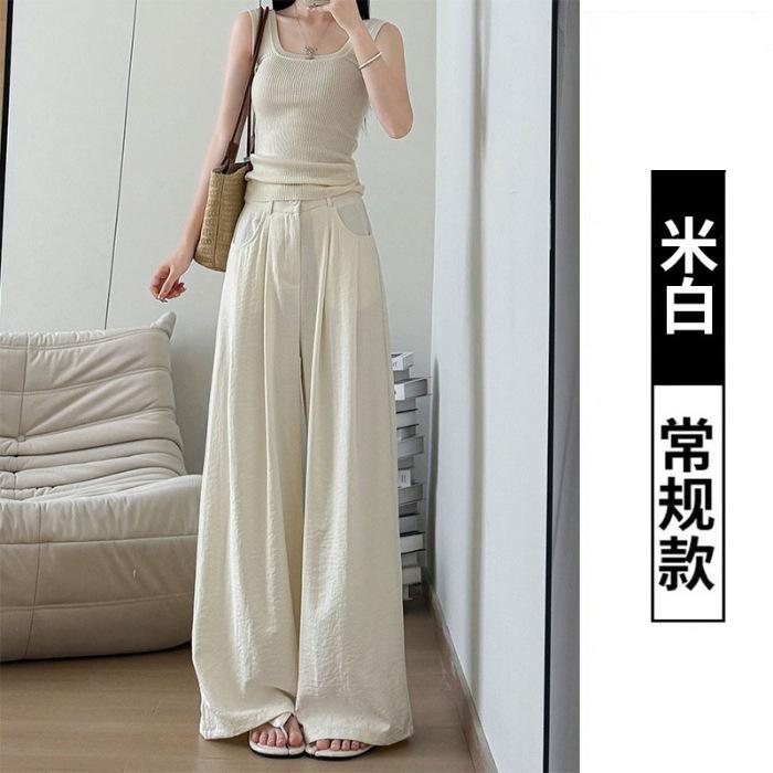 

Blue milk husband suit wide-leg pants women s spring and summer new high-waisted and thin loose ice silk floor-mopping long pants S грязно-белый