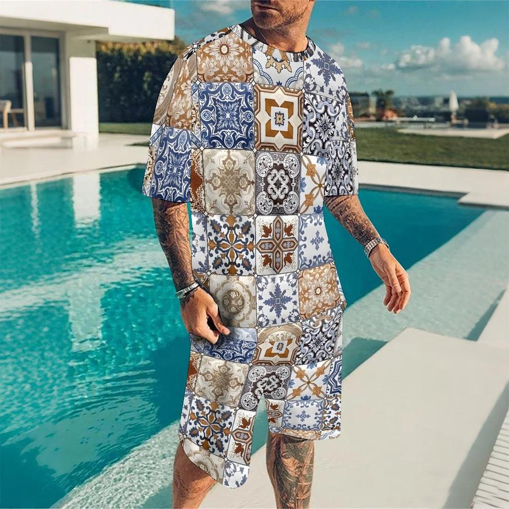 Herren Vintage Fliesenmosaik Patchwork Print Kurzarm T-Shirt und Passende Shorts Zweiteiliges Outfit