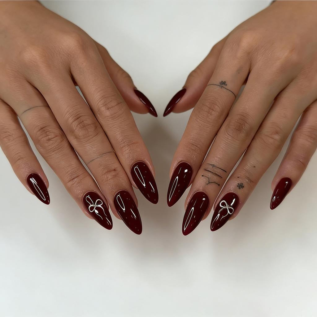 European And American Valentine'S Day 24 Nail Art Burgundy Solid Color Bow Long Almond Wear Armor