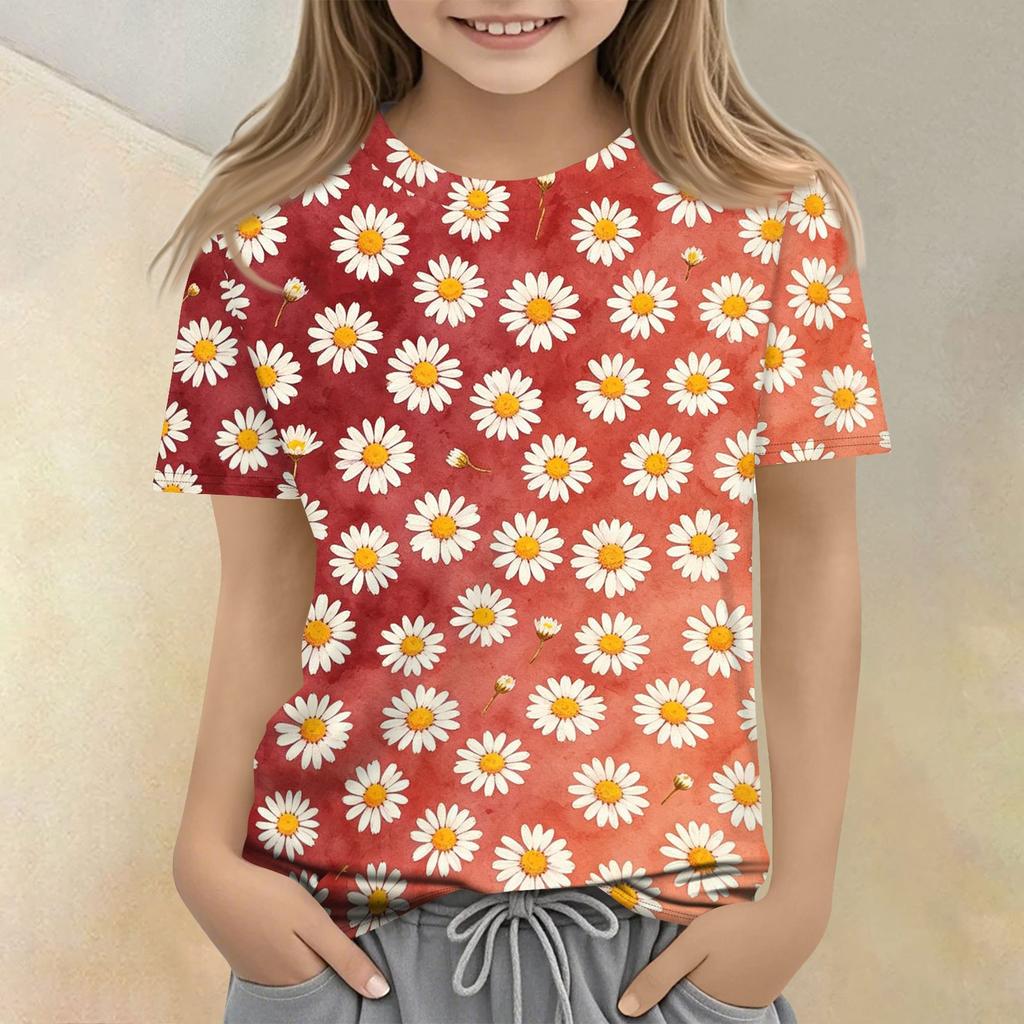 Kinder Blumenprint Rundhals Kurzarm Lässiges Lockeres T-Shirt Oberteil Geeignet für Tägliches Tragen und Outdoor-Aktivitäten
