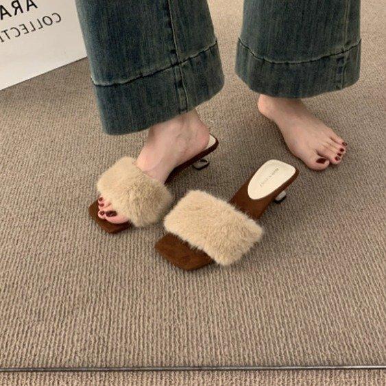 High Heels Leopard Print Retro Fluffy Slippers Women's Outerwear 2025 Autumn Versatile Skirt Fairy Style One-word Drag