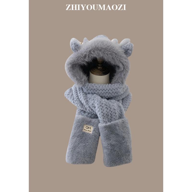 

Милая зимняя пушистая плюшевая шапка с рогами для женщин с защитой от холода и теплой защитой ушей, двойная утолщенная шапка, совмещенная со шарфом и перчатками One size