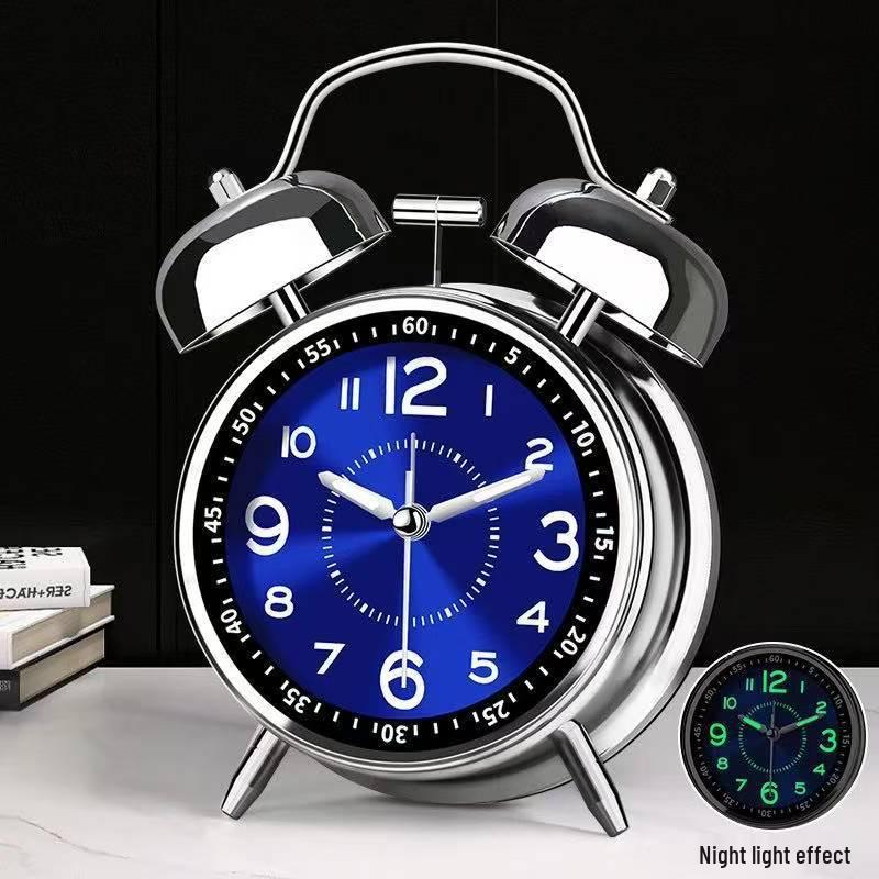 Rechargeable Metal Bell Alarm Clock with Night Light - Super Loud Wake-Up Device for Bedsides, Ideal for Students and Elderly Rooms.