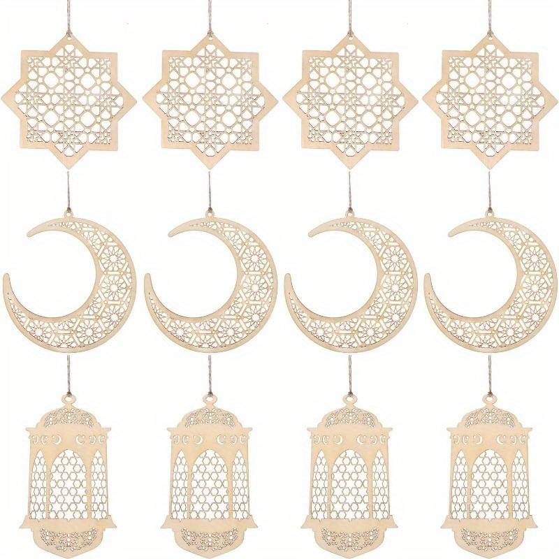 3Pcs Ramadan Wooden Ornaments Eid Mubarak Hanging Hollow Pendant Ramadan Party Wall Decorations Moon Star Lantern Shape Ornament for Muslim Islam