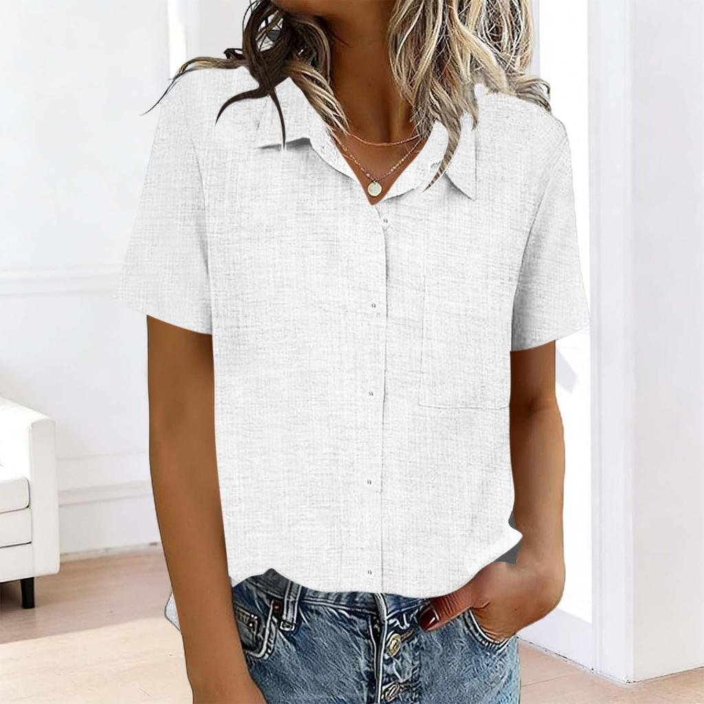Women's Fashion  Color Standing Collar Short Sleeve Button-Up Shirt T-Shirt Top