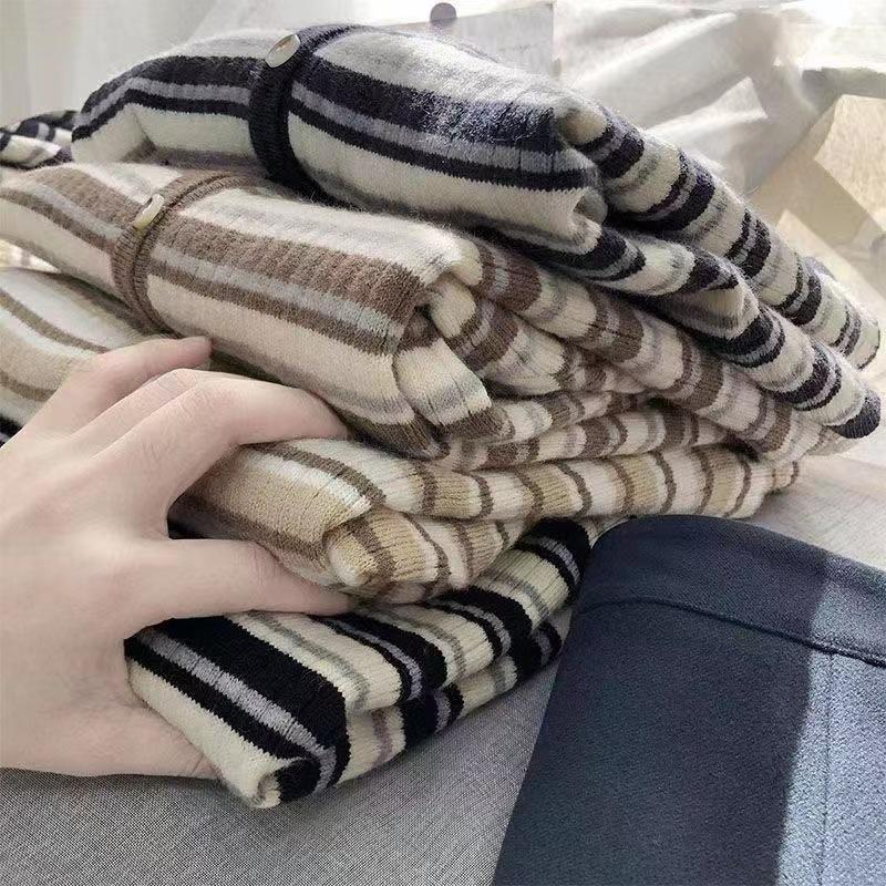 Outer Knitted Cardigan Jacket Women's Autumn New V-neck Striped Retro Long-sleeved Top Cardigan
