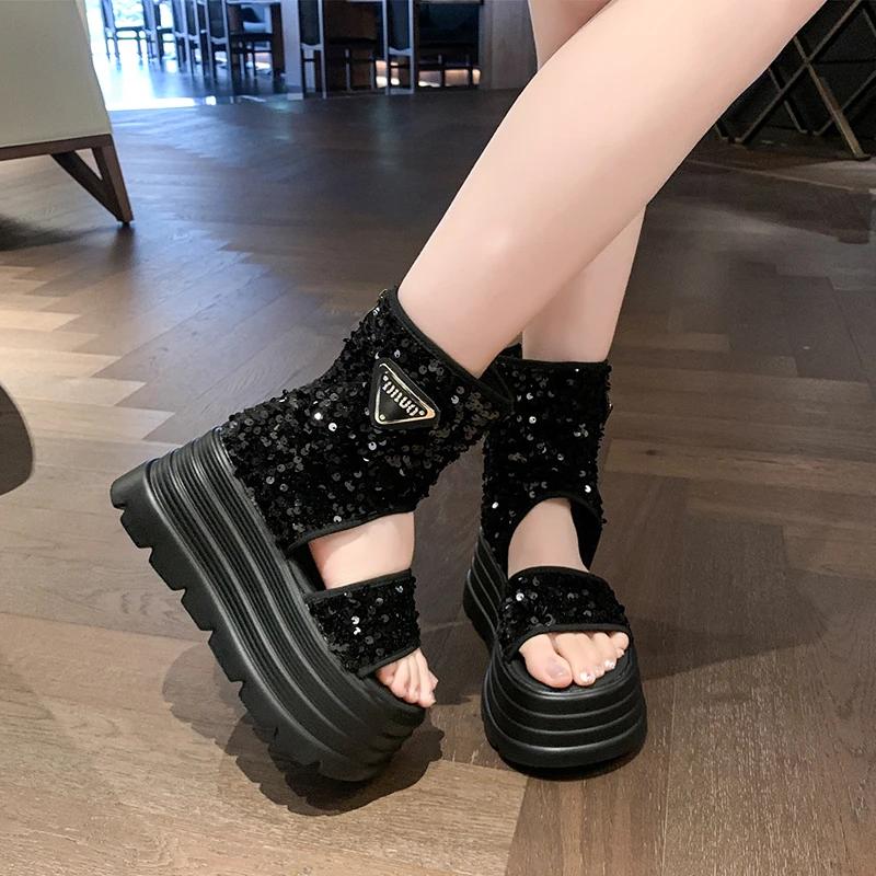 Fashion 8CM Hollow Platform Flats Sandals Women Bling Punk Shoes Casual Summer Boots Designer Loafers Trend Sport ZIP Sandalias Mujer