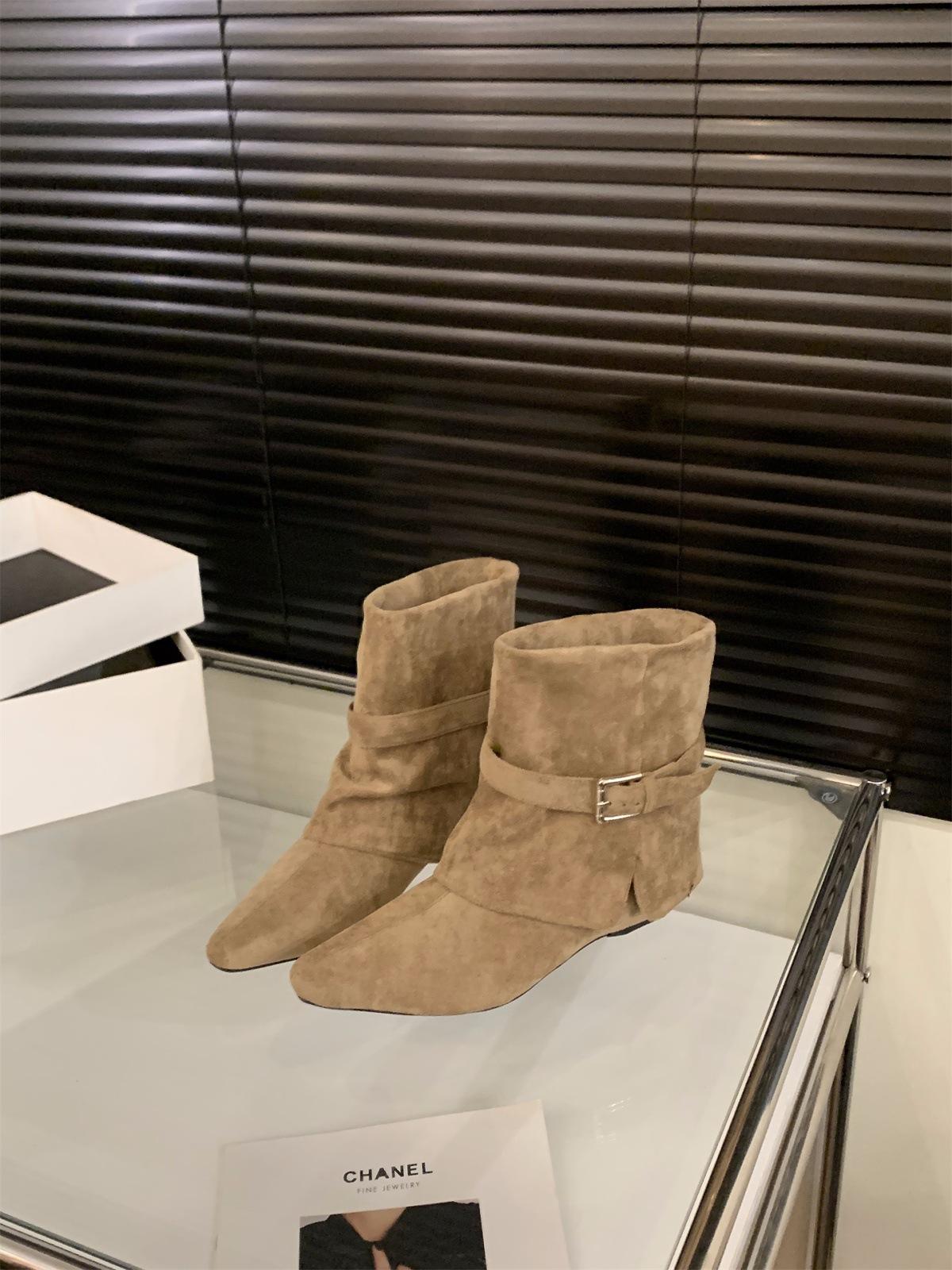 Coarse Heel Coffee Maillard Pants Boots Short Boots Season Fleece Skinny Medium Boots Martin Boots 39
