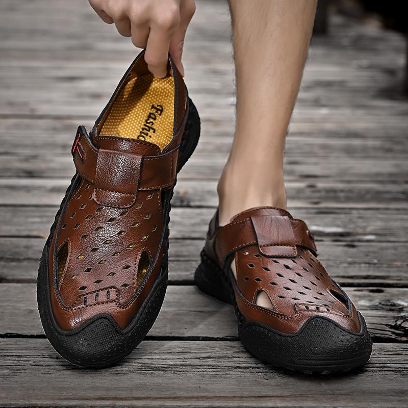 Herren-Sandalen aus echtem Leder, handgenäht, atmungsaktiv, lässig, weich